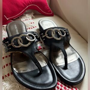 Marc Fisher Black Leather Sandals with Silver Chain Accent